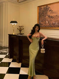 Niulatu Sheath Spaghetti Straps Green Long Prom Dresses Birthday Outfits Evening Gown SD996