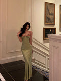 Niulatu Sheath Spaghetti Straps Green Long Prom Dresses Birthday Outfits Evening Gown SD996