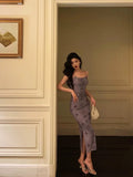 Niulatu Sheath Spaghetti Straps Grape Long Prom Dresses Birthday Outfits Evening Gown SD997