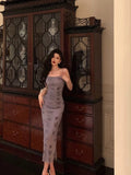 Niulatu Sheath Spaghetti Straps Grape Long Prom Dresses Birthday Outfits Evening Gown SD997