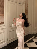 Niulatu Sheath Spaghetti Straps Ivory Floral Prom Dresses Birthday Outfits Evening Gown SD998
