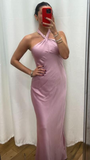 Niulatu Halter-Neck Pink Satin Long Prom Dress Formal Evening Dress HZ1007