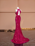 Niulatu Pink Mermaid Halter Sequin Open Back Long Prom Dress Party Dress HZ0113