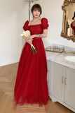 Niulatu Red Tulle A Line Prom Dress Long Evening Dress HZ1007