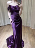 Niulatu Shoulder Purple Satin Long Evening Dress HZ1007
