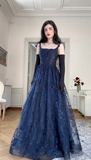 Niulatu Blue A Line Lace Appliques Prom Dress Elegant Evening Gown HZ1007