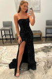 Niulatu Strapless Mermaid Long Black Slit Prom Dress HZ0113