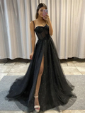 Niulatu sweetheart neck tulle long prom dress, black tulle evening dress HZ0113