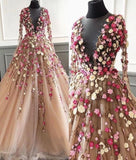 Niulatu Prom Dress, 3d Flowers Prom Dress, Long Sleeve Prom Dress, Elegant Prom Dress HZ0113