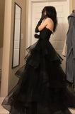 Niulatu A Line Sweetheart Neck Black Tiered Tulle Long Prom Dress Evening Dress HZ0113