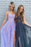 Niulatu A Line V Neck Purple/Black Tulle Lace Long Prom Dresses, Purple/Black Lace Formal Graduation Evening Dress HZ0113
