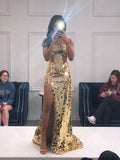 Niulatu Spaghetti Straps Mermaid Slit Prom Dresses, Long Prom Dresses HZ0113