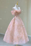 Niulatu Line Pink Tulle Lace Off The Shoulder Prom Dresses, Formal Evening Dress HZ0113