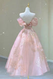 Niulatu Line Pink Tulle Lace Off The Shoulder Prom Dresses, Formal Evening Dress HZ0113