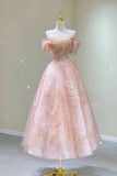 Niulatu Line Pink Tulle Lace Off The Shoulder Prom Dresses, Formal Evening Dress HZ0113