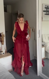 Niulatu Burgundy Chiffon Ruffles Evening Dress Slit Prom Dress HZ1007