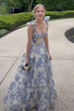 Niulatu Blue Floral Print Long Prom Dress Blue Evening Dress HZ1007