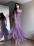 Niulatu Mermaid Spaghetti Straps Purple Chiffon Beaded Evening Dress Prom Dress HZ1007