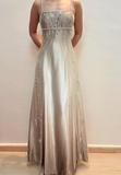 Niulatu Spaghetti Straps Satin Tulle Beaded Prom Dress A Line Party Evening Gown HZ1007