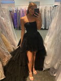 Niulatu High Low Tulle Prom Dress Black Tulle High Low Formal Evening Dress HZ1007