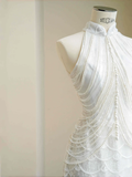 Niulatu White Sequins Pearls Chain Sheath Long Prom Dress Evening Dress HZ1007