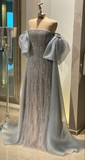 Niulatu Blue Tulle Prom Dresses Strapless Floor Length Special Occasion Evening Dress HZ1007