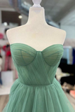 Niulatu Strapless Floral Long Prom Dresses Green Formal Dresses Green Tulle Evening Dresses HZ1007