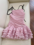 Niulatu Pink A Line Spaghetti Strap Layered Chiffon Homecoming Dress HZ0113