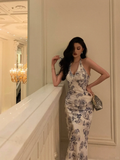 Niulatu Sheath Halter Print Floral Chiffon Open Back Prom Dress Evening Dress HZ0113