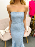 Niulatu Strapless Mermaid Evening Dress Blue Satin Print Prom Dress HZ1007
