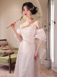 Niulatu A-Line Off-Shoulder Tulle Sequins Beaded Long Prom Dress Formal Evening Dress HZ1007