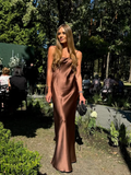 Niulatu Brown A Line Spaghetti Strap Satin Open Back Prom Dress Wedding Guest Dress HZ0113