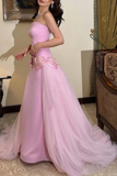 Niulatu Pink Strapless Bow-Knot Long Prom Dress,Tulle Satin Evening Dress HZ1007