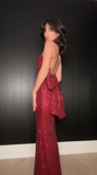 Niulatu Burgundy Sequins Mermaid Evening Dress Backless Long Prom Dress With Bow HZ1007