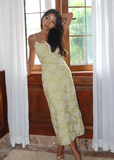 Niulatu Yellow A Line Spaghetti Strap Print Floral Satin Prom Dress Wedding Guest Dress HZ0113
