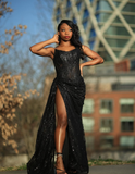 Niulatu Black Lace Sequin Slit Long Prom Dress Mermaid Evening Dress HZ0113