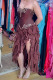 Niulatu Hot Pink Lace Chiffon Ruffles Evening Dress Strapless Prom Dress HZ1007