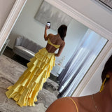 Niulatu Golden Emulation Silk Strapless Prom Dresses Backless vestidos de noche Floor-Length Sleeveless Formal HZ1007