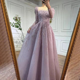 Niulatu Hill Muslim Pink A Line Beaded Luxury Dubai Long Evening Dresses Gowns For Woman Wedding HZ1007