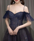 Niulatu tulle off shoulder A-line long prom dress, purple evening dress HZ0113