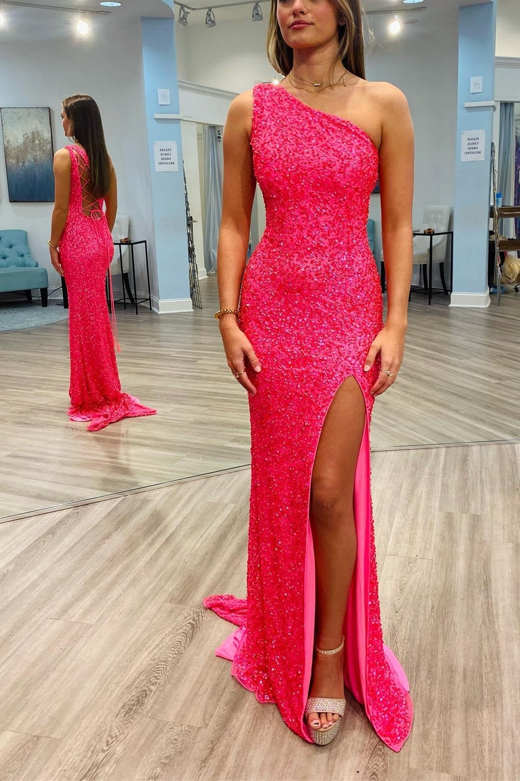 Sparkle Hot Pink Sequin Mermaid One Shoulder Long Formal HZ0308