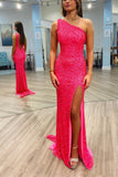 Sparkle Hot Pink Sequin Mermaid One Shoulder Long Formal HZ0308