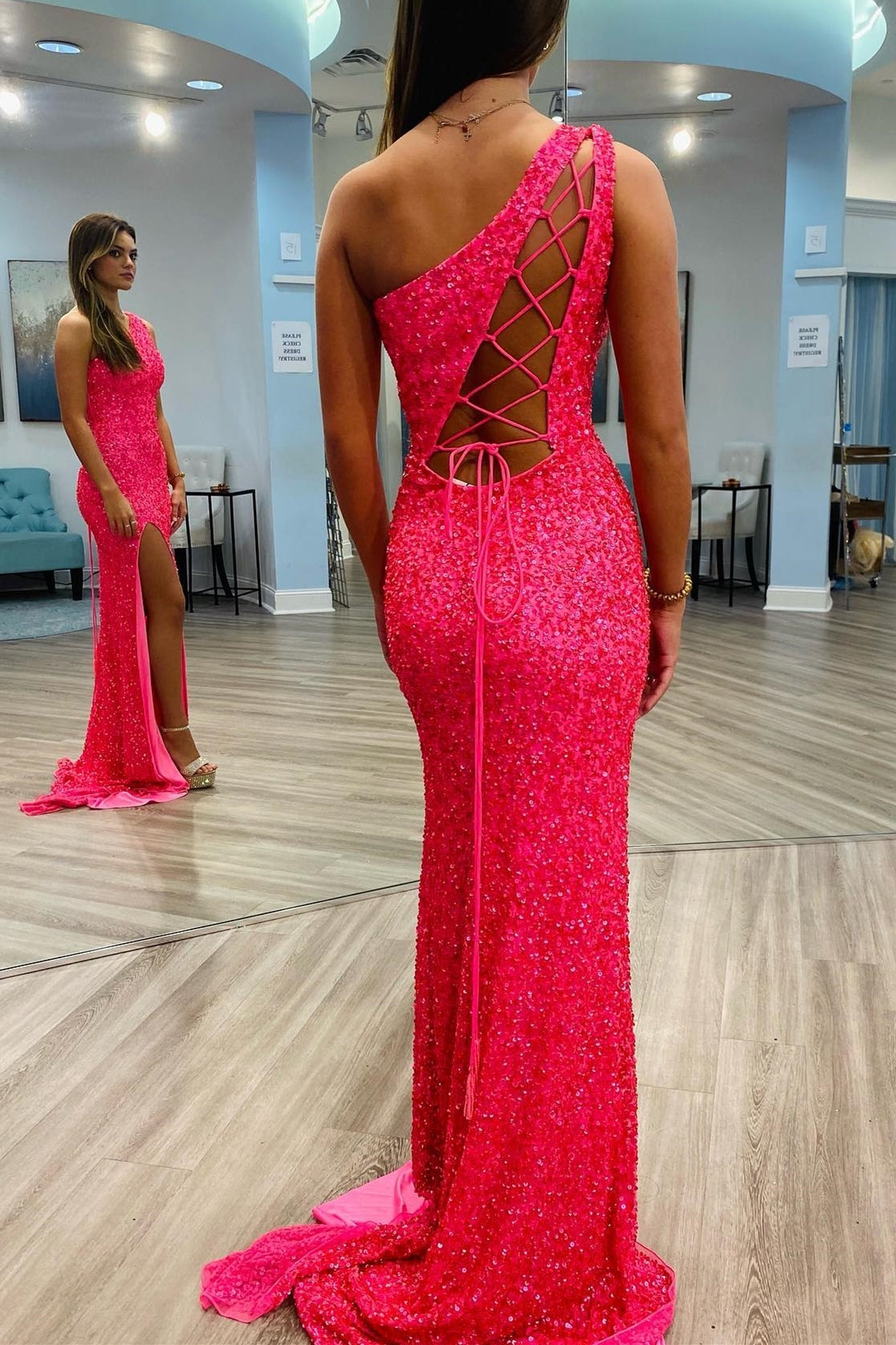 Sparkle Hot Pink Sequin Mermaid One Shoulder Long Formal HZ0308