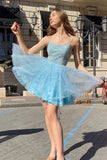 Niulatu Blue A-line Spaghetti Straps Homecoming Dress, Short Prom HZ1007