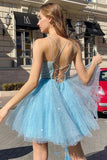 Niulatu Blue A-line Spaghetti Straps Homecoming Dress, Short Prom HZ1007