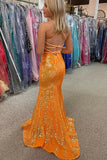 Niulatu Orange Sequins Mermaid V-neck Prom Dresses, Long Formal HZ1007