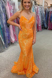 Niulatu Orange Sequins Mermaid V-neck Prom Dresses, Long Formal HZ1007