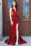 Niulatu Red Sequins Mermaid V-neck Long Prom Dresses With High HZ1007