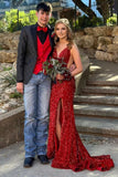 Niulatu Red Sequins Mermaid V-neck Long Prom Dresses With High HZ1007