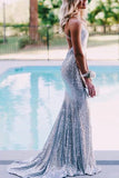 Niulatu Silver Sequins Mermaid Backless Long Prom Dresses, Evening HZ1007